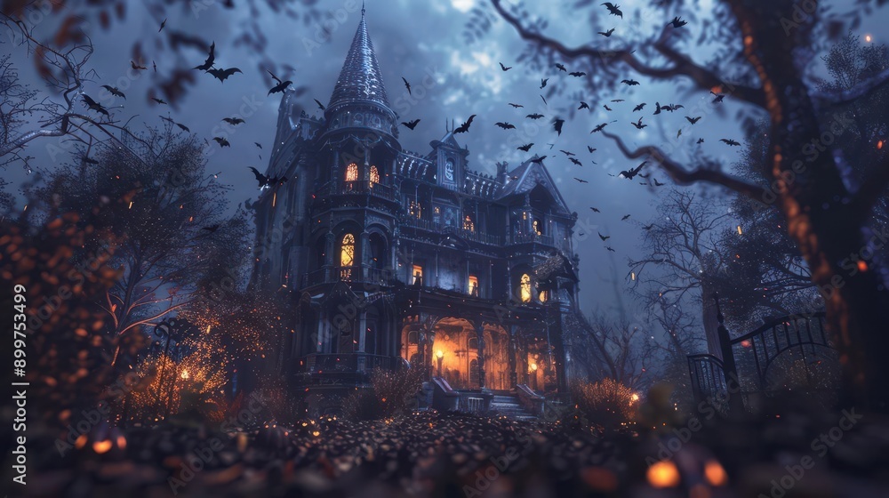 Obraz premium A hauntingly beautiful mansion under a moonlit sky surrounded by swirling bats and eerie trees, perfect for spooky atmospheres.