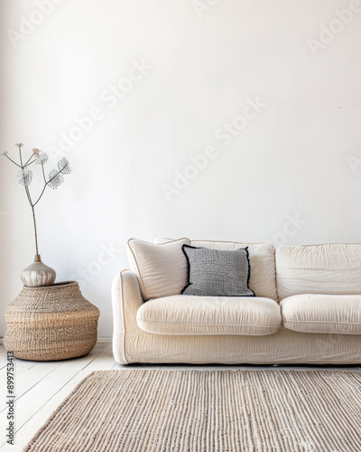 Living room interiors design composition with minimal furniture and natural window lighting.