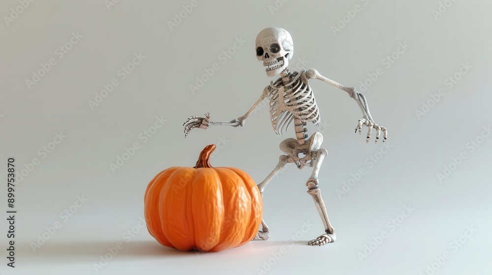 A playful skeleton interacts with a vibrant pumpkin, perfect for Halloween-themed decorations and autumn celebrations. A playful skeleton interacts with a vibrant pumpkin, perfect for Halloween-themed decorations and autumn celebrations.