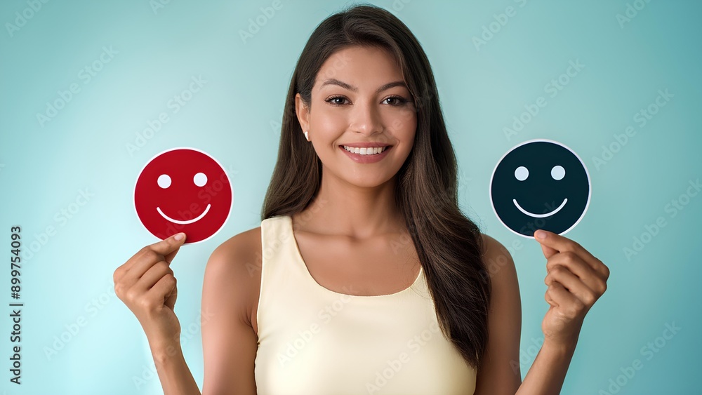Hands holding two round icons with a smile sign. Choice between happy and sad emotion icons. Concept: choice between positive and negative emotions. Hands holding two round icons with a smile sign. Choice between happy and sad emotion icons. Concept: choice between positive and negative emotions.