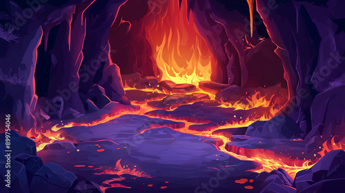 The Volcano lava hell rock cave view fantasy game background, Illustration photo