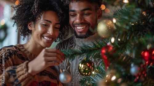 A couple decorating a Christmas tree together, smiling and enjoying the moment