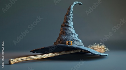 A mystical witch hat and broomstick, perfect for Halloween, magical themes, or enchanting visuals in photography. photo