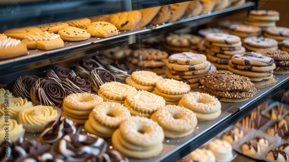 A variety of gourmet cookies beautifully arranged in a display case, showcasing different flavors and designs. A variety of gourmet cookies beautifully arranged in a display case, showcasing different flavors and designs.