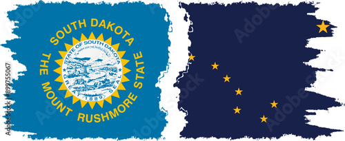Alaska and South Dakota states grunge brush flags connection, vector