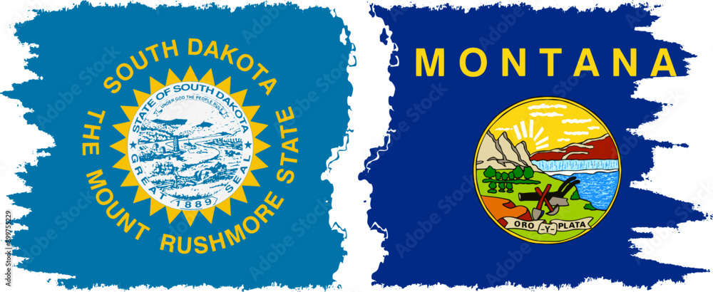 Fototapeta premium Montana and South Dakota states grunge brush flags connection, vector