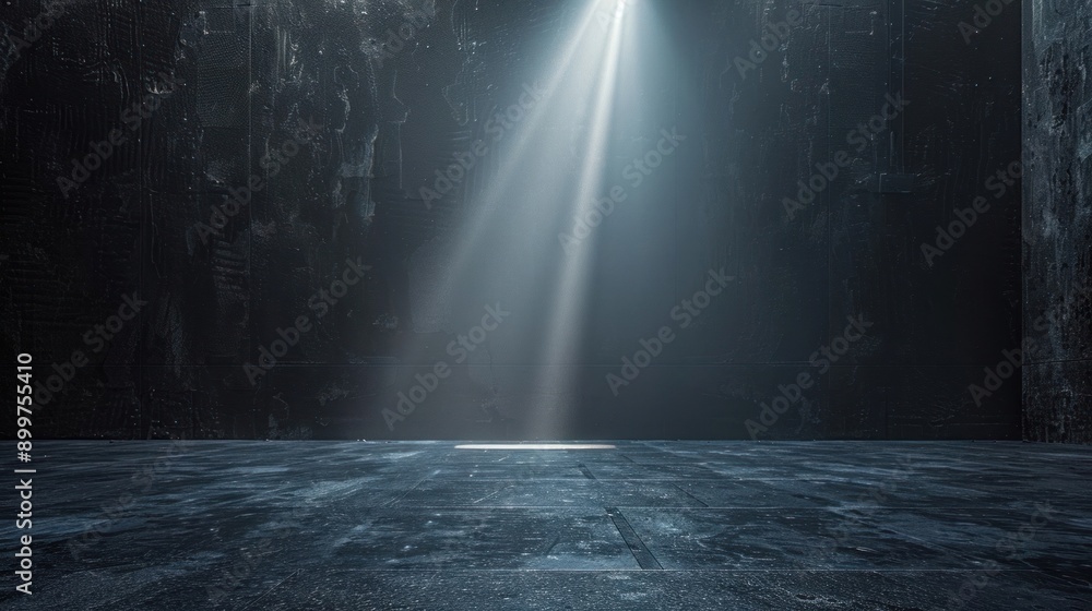 Mysterious dark room with a single beam of light shining through a gap, illuminating the textured floor. Mysterious dark room with a single beam of light shining through a gap, illuminating the textured floor.