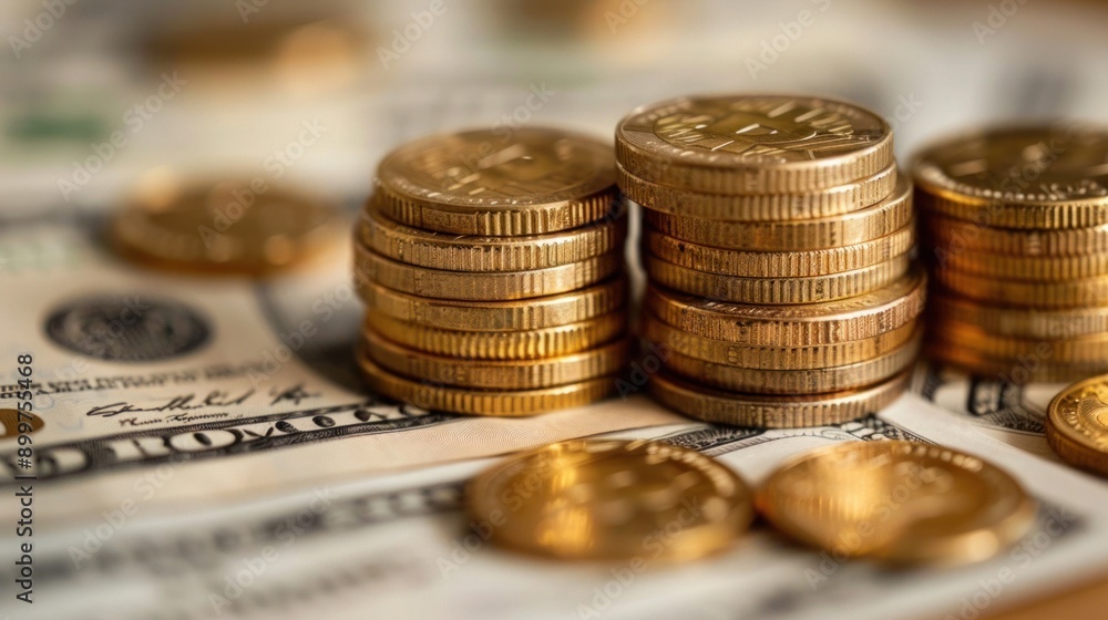 Stacks of golden coins on American dollar banknotes representing wealth, investment, and financial success. Stacks of golden coins on American dollar banknotes representing wealth, investment, and financial success.