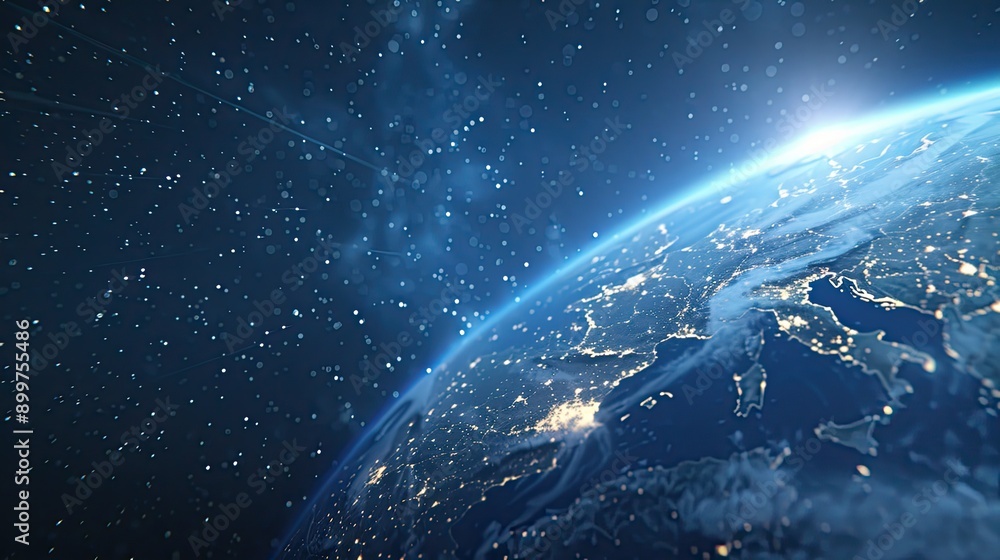 Obraz premium A digital representation of global connectivity featuring a network of data points and lines over a map of the Earth, all illuminated against a dark background