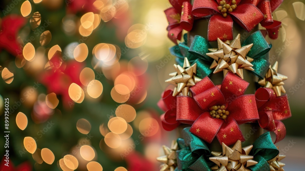 Close-up of vibrant Christmas bows in red, green, and gold, with a beautiful bokeh of festive lights in the background. Close-up of vibrant Christmas bows in red, green, and gold, with a beautiful bokeh of festive lights in the background.
