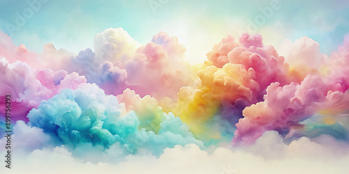 Vibrant watercolor clouds in soft pastel hues drift across a crisp white background, evoking a sense of airy whimsy and carefree serenity in this dreamy abstract design.