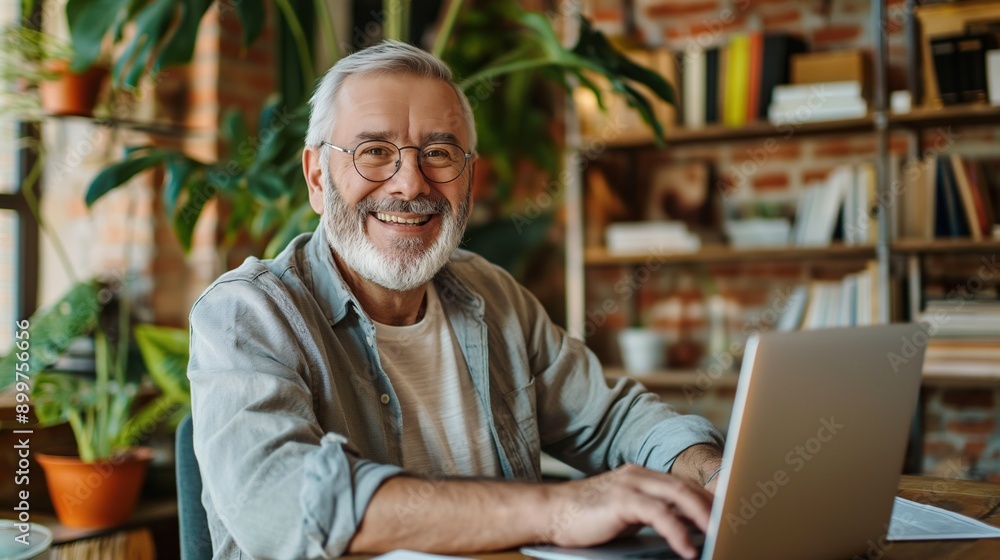 Cheerful senior man working on laptop at home office with bright smile. Mature businessman working remote from home with laptop and files. Cheerful senior man working on laptop at home office with bright smile. Mature businessman working remote from home with laptop and files.
