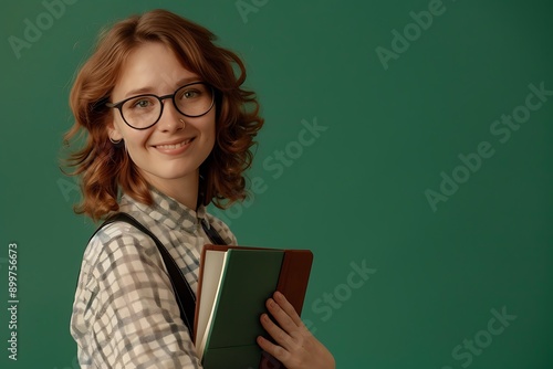 Young Female Teacher Holding Notebooks Against Green Background © DesignStorez