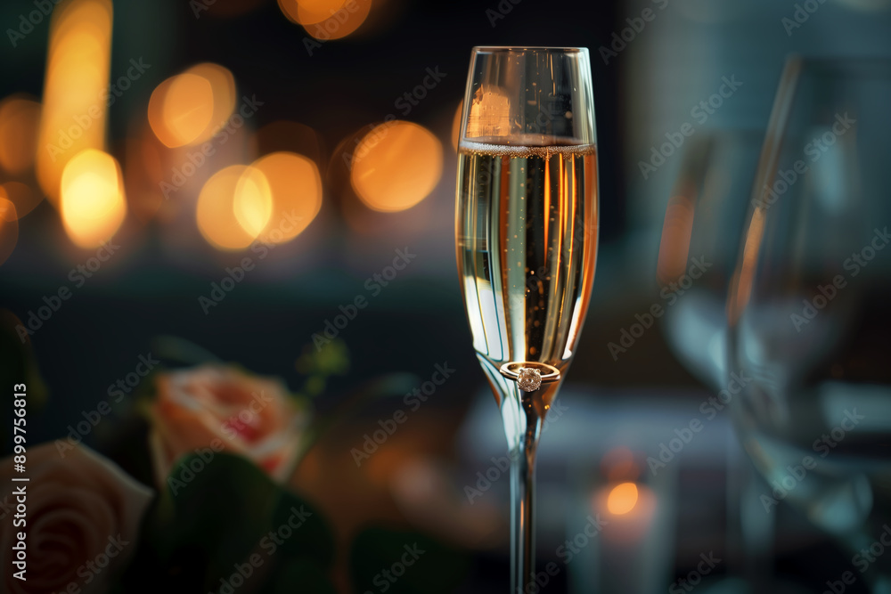Engagement ring in a glass of champagne. Engagement, proposal Engagement ring in a glass of champagne. Engagement, proposal