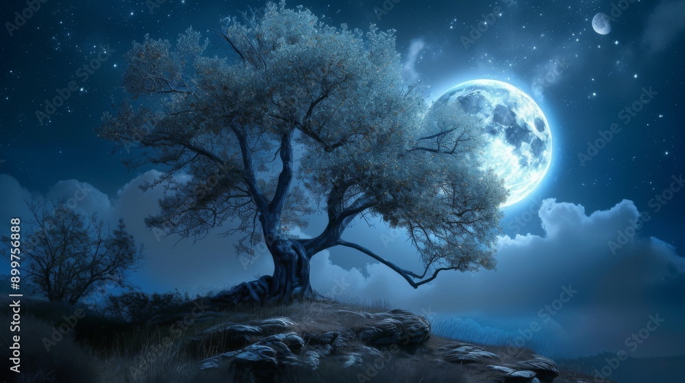 A captivating image of a lone tree silhouetted against a full moon and starry sky. The serene night scene and celestial lighting create a mystical and peaceful atmosphere. A captivating image of a lone tree silhouetted against a full moon and starry sky. The serene night scene and celestial lighting create a mystical and peaceful atmosphere.