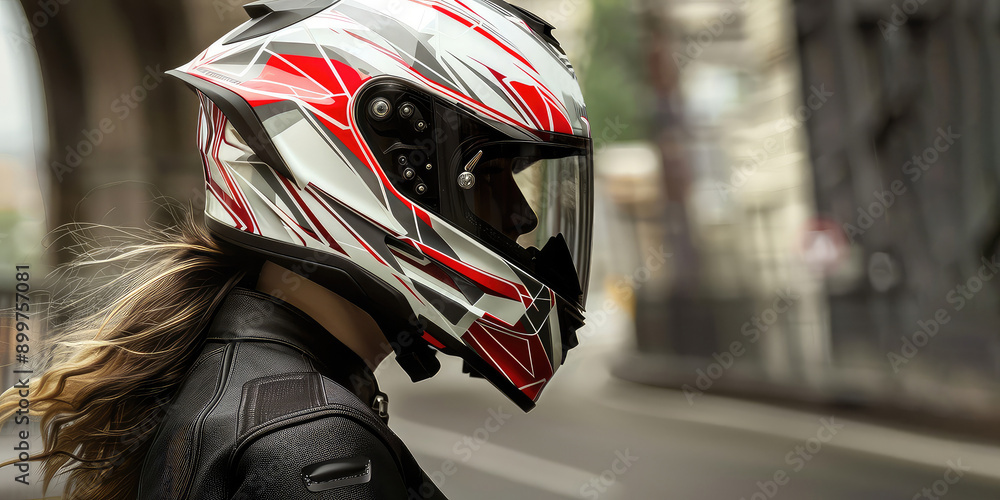 Close-up photo of a biker woman in a helmet. Close-up photo of a biker woman in a helmet.