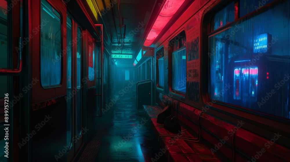 Naklejka premium An atmospheric view of an empty subway car illuminated by neon lights. The vivid red and blue lights create dramatic reflections and shadows, enhancing the urban, futuristic ambiance of the scene.