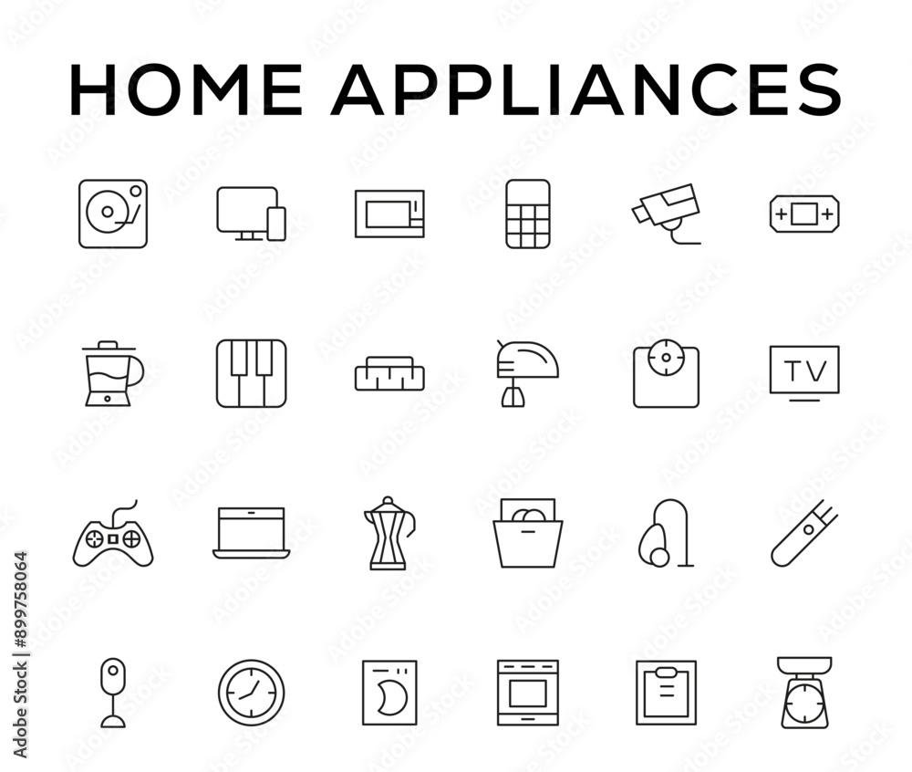 Home appliances and Household items simple line icon set. Editable stroke. icons for website. home symbols, furniture, kitchenware, Home appliances and electronics icons Home appliances and Household items simple line icon set. Editable stroke. icons for website. home symbols, furniture, kitchenware, Home appliances and electronics icons