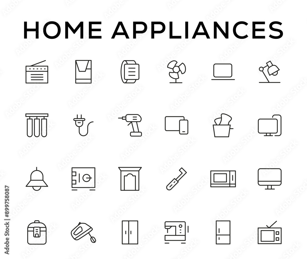 Home appliances and Household items simple line icon set. Editable stroke. icons for website. home symbols, furniture, kitchenware, Home appliances and electronics icons Home appliances and Household items simple line icon set. Editable stroke. icons for website. home symbols, furniture, kitchenware, Home appliances and electronics icons