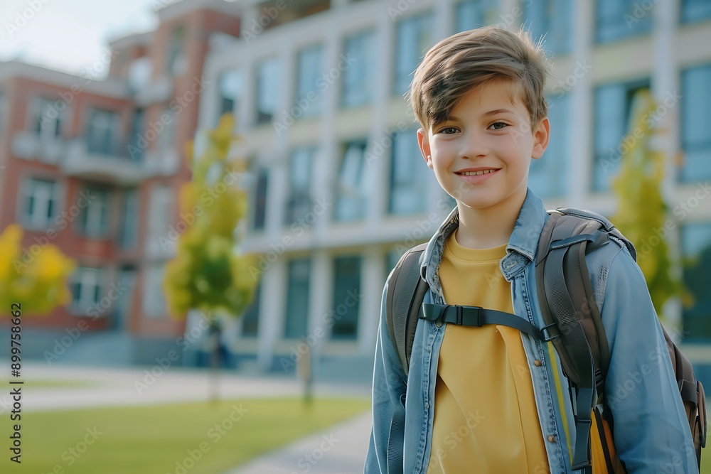 Cheerful Boy With Backpack Standing Outside School Building Cheerful Boy With Backpack Standing Outside School Building