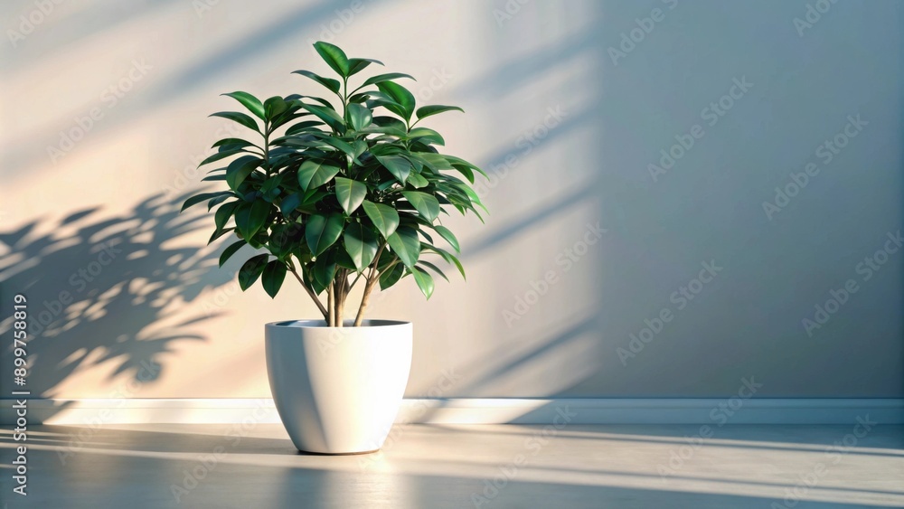 A single potted plant with lush green leaves stands against a plain white wall, illuminated by soft natural light casting long shadows on the floor A single potted plant with lush green leaves stands against a plain white wall, illuminated by soft natural light casting long shadows on the floor