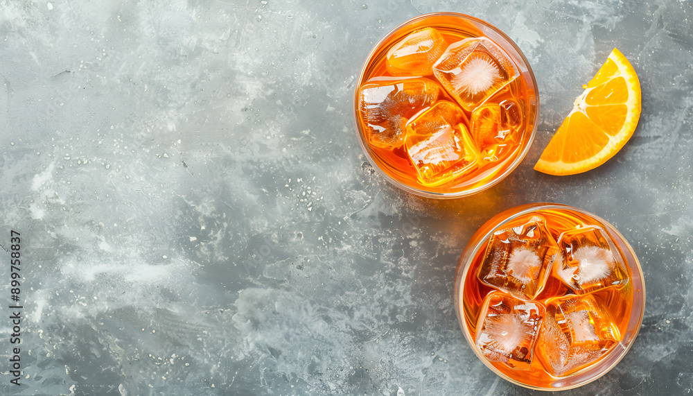 Italian Summer Cocktail With Aperitif Named Aperol Spritz With Bitter, Ice, Sparkling Wine And Orange Slice, Top View Italian Summer Cocktail With Aperitif Named Aperol Spritz With Bitter, Ice, Sparkling Wine And Orange Slice, Top View