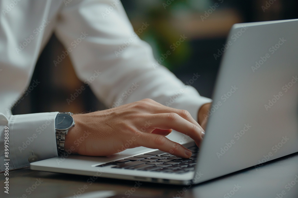 Business man in a white shirt with a clock typing on a laptop, close-up Business man in a white shirt with a clock typing on a laptop, close-up