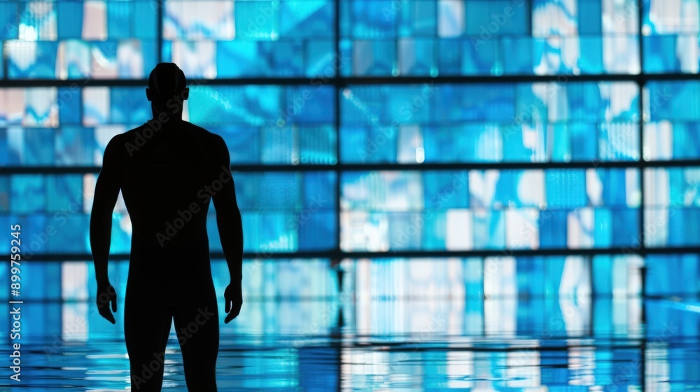 A silhouette of a person standing against a vibrant backdrop of blue abstract patterns reflecting in still water. A silhouette of a person standing against a vibrant backdrop of blue abstract patterns reflecting in still water.
