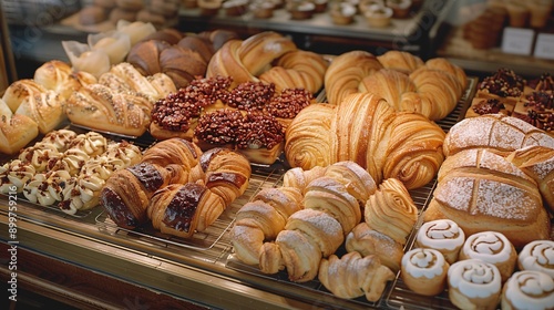 A bakery display case filled with an assortment of fresh pastries and breads