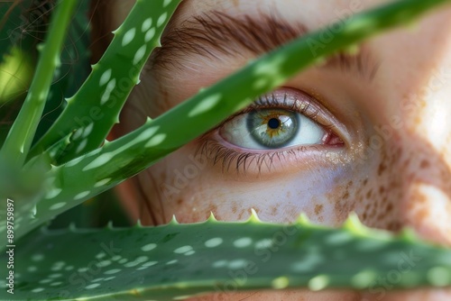 A woman's face with beautiful eye makeup and freckles peeks out from behind an Aloe plant.