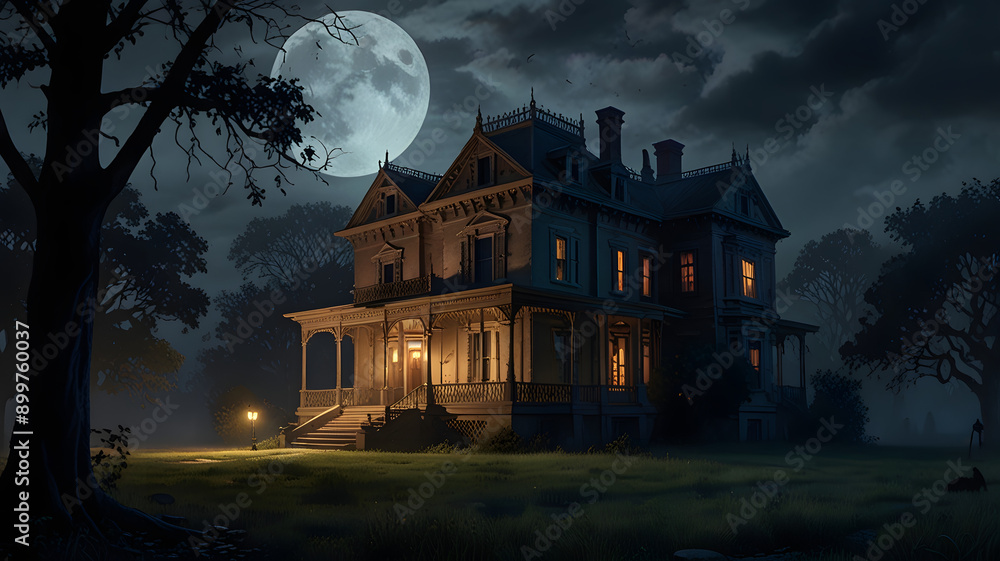 Halloween haunted house dark moonlit night full moon creepy silhouette cartoon vintage illustration ghosts bats eerie fence festival holiday festive celebration backdrop background painting art Halloween haunted house dark moonlit night full moon creepy silhouette cartoon vintage illustration ghosts bats eerie fence festival holiday festive celebration backdrop background painting art