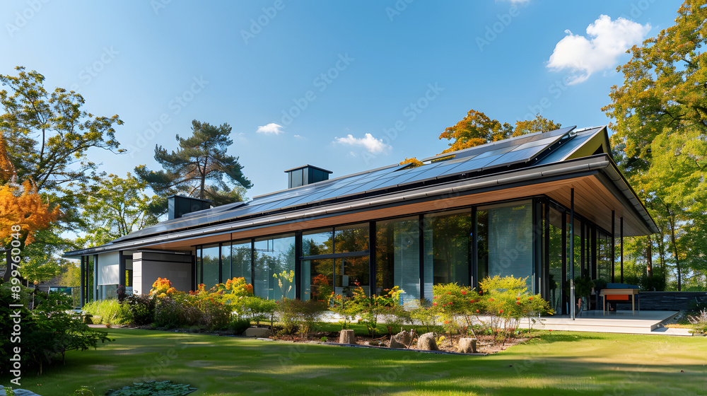 Contemporary house with solar panels on the roof surrounded by lush garden, emphasizing renewable energy and sustainable living. Contemporary house with solar panels on the roof surrounded by lush garden, emphasizing renewable energy and sustainable living.