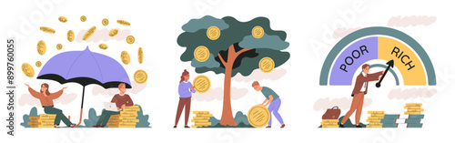 People and money. Concept of financial enrichment, prosperity, increased income. Vector flat illustration.