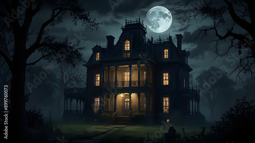 Halloween haunted house dark moonlit night full moon creepy silhouette cartoon vintage illustration ghosts bats eerie fence festival holiday festive celebration backdrop background painting art