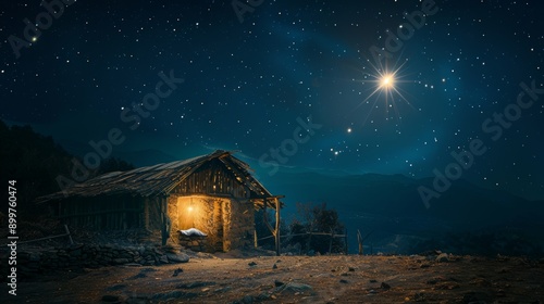 A star shines above the stable where Jesus was born.