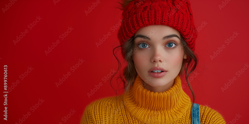 Young woman in vibrant winter attire against red background, showcasing striking contrast and bold fashion choices. Concept of style, individuality, and self-expression. Young woman in vibrant winter attire against red background, showcasing striking contrast and bold fashion choices. Concept of style, individuality, and self-expression.