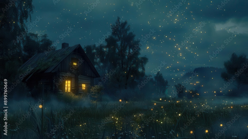 Fireflies near an old cabin, night countryside, soft illumination, rustic and nostalgic feel Fireflies near an old cabin, night countryside, soft illumination, rustic and nostalgic feel
