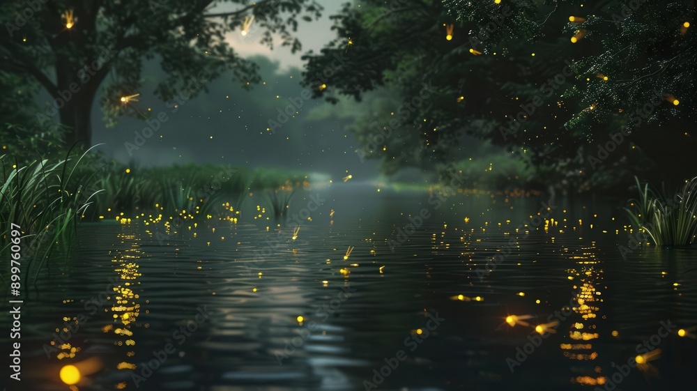 Fireflies over a river, night setting, gentle light, calm and reflective atmosphere Fireflies over a river, night setting, gentle light, calm and reflective atmosphere
