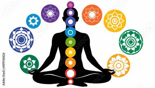 Yoga Meditation: A Multi-Colored Symbolic Illustration of a Person in a Meditative State with Symbolic Flower Mandalas
