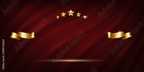 Award curtain background. Winner nomination prize banner with golden stars and ribbons vector illustration. Luxury ceremony poster template.