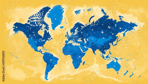 World Map in Blue and Yellow Tones