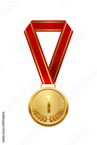 Gold medal with number place first and red ribbon vector illustration. Realistic isolated trophy medal with metal reward badge for winners and champions.