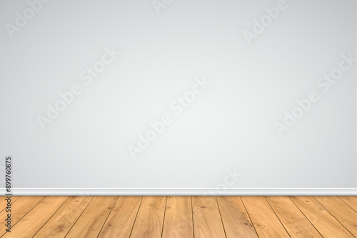 Wood floor with gray wall background. Wooden natural brown floor realistic vector illustration. Modern design element for product presentation. Empty interior of living room,