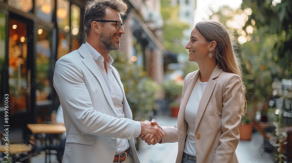 A business man in a white shirt and a woman in a light suit shake hands near a street cafe A business man in a white shirt and a woman in a light suit shake hands near a street cafe