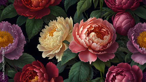 Art painting drawing colorful beautiful fantasy vintage black wallpaper botanical flower leaves plant bunch. White red blue green dark orange pink purple floral garden digital background petal