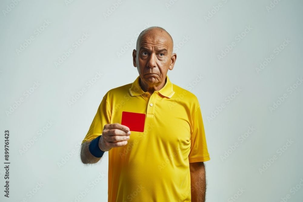 A bald soccer referee showing a red card. A bald soccer referee showing a red card.