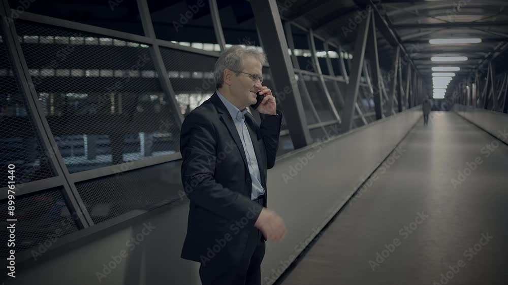 A businessman is seen talking on his cellphone while walking in a modern industrial walkway A businessman is seen talking on his cellphone while walking in a modern industrial walkway