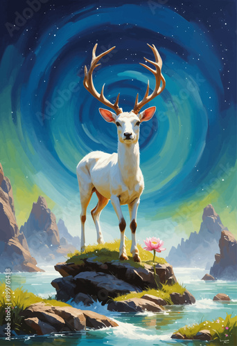 Whimsical Fantasy Deer Standing on Rocky Shore with Waterfall and Starry Sky
