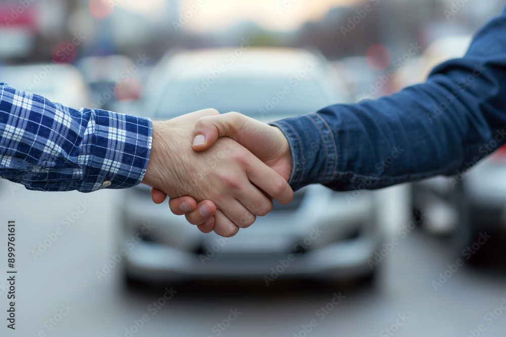 Fototapeta premium men shaking hands after a successful deal to sell a car in a car parking lot, a car in the background