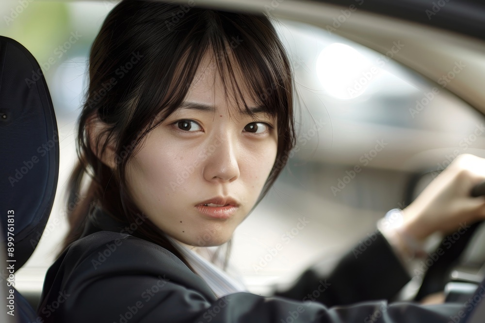 A Japanese woman in a car, gripping the steering wheel tightly with a furious expression, wearing business attire, clear view of car interior, daylight, street in background A Japanese woman in a car, gripping the steering wheel tightly with a furious expression, wearing business attire, clear view of car interior, daylight, street in background